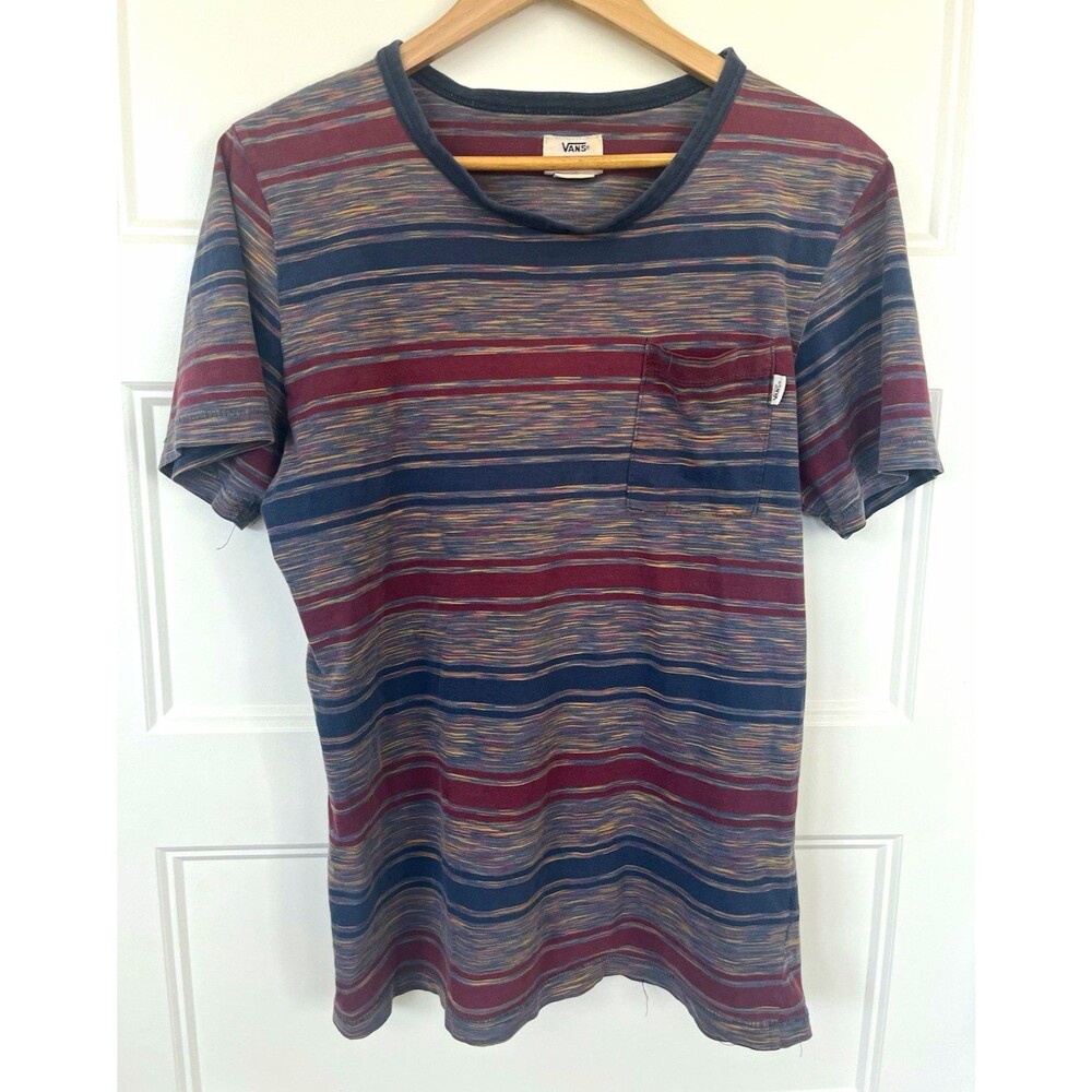 Vans Mens Striped Pocket T-Shirt Short Sleeve Multicolor Blue Burgundy Skate M
